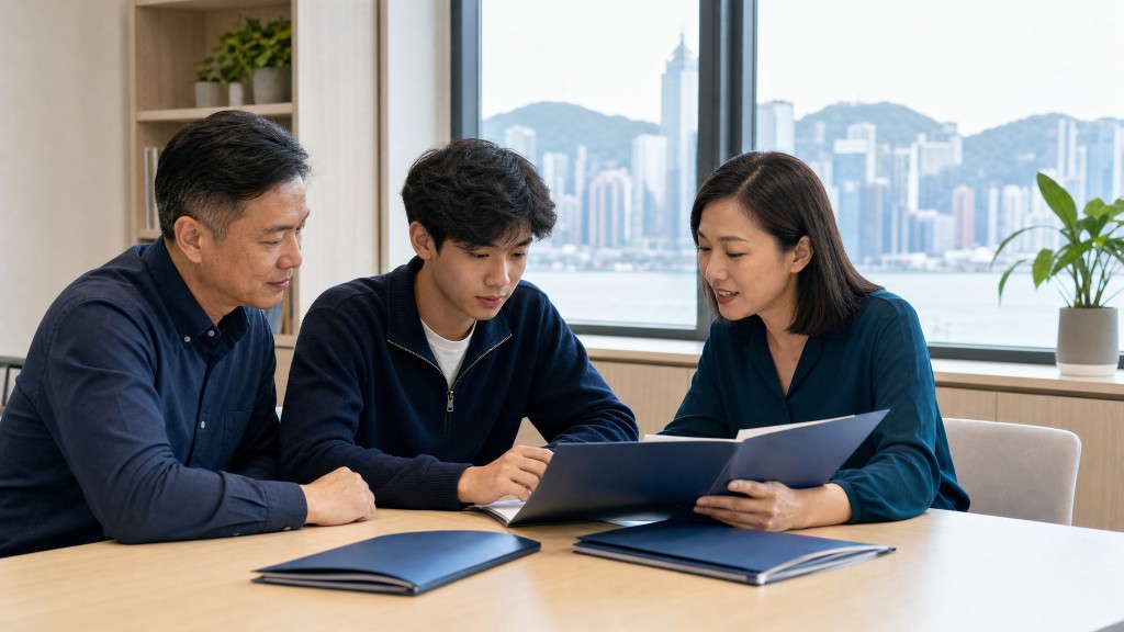 家長、學生與學術顧問在香港一起檢視 IBDP DP1 學習安排