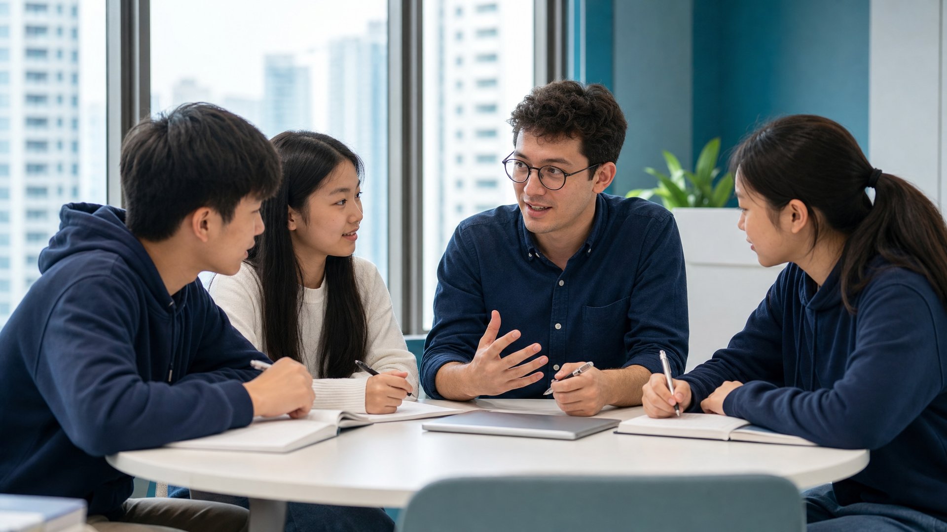Two secondary students at a classroom table, one pointing to work on a tablet while the other writes in a notebook